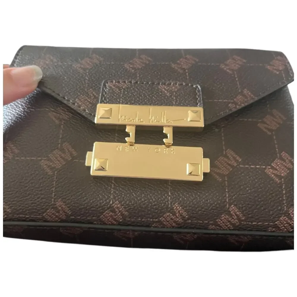 Nicole Miller faux leather Brown Gold mini crossbody chain bag latch closure NWT
